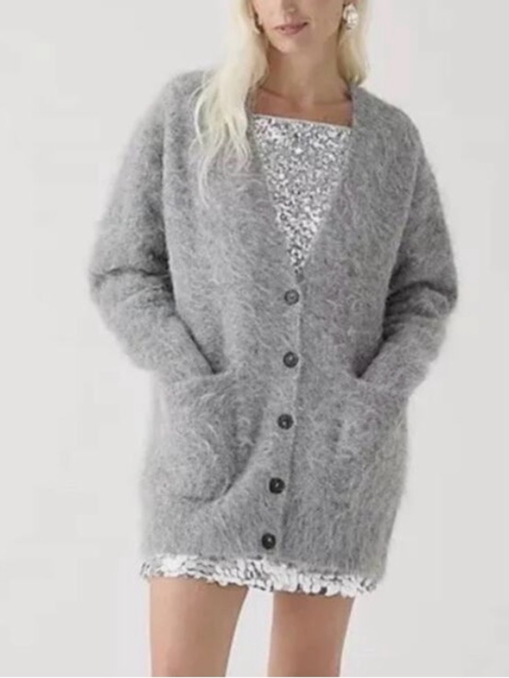 J.Crew Relaxed V-Neck Cardigan Sweater Gray Fuzzy Brushed Alpaca Wool Blend
